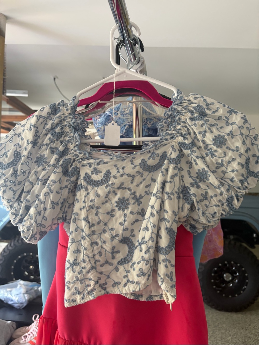 LoveShackFancy White Blouse with Blue Floral Embroidery